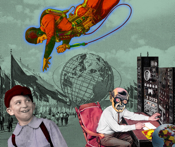A cartoon image of a jetpack-flying man waves hello at a gap-toothed, awed young boy. Beneath them in the corner, a sinister figure with huge, hypnotic-spiral eyes works the switches on an imposing control panel. On his desk is a copy of Amazing Stories with the same rocketeer. In the image background is a faded, halftoned image of the NYC 1964 World's Fair.